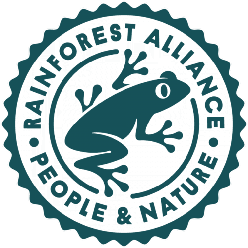 Selo Rainforest Alliance Certified, com o sapo verde.