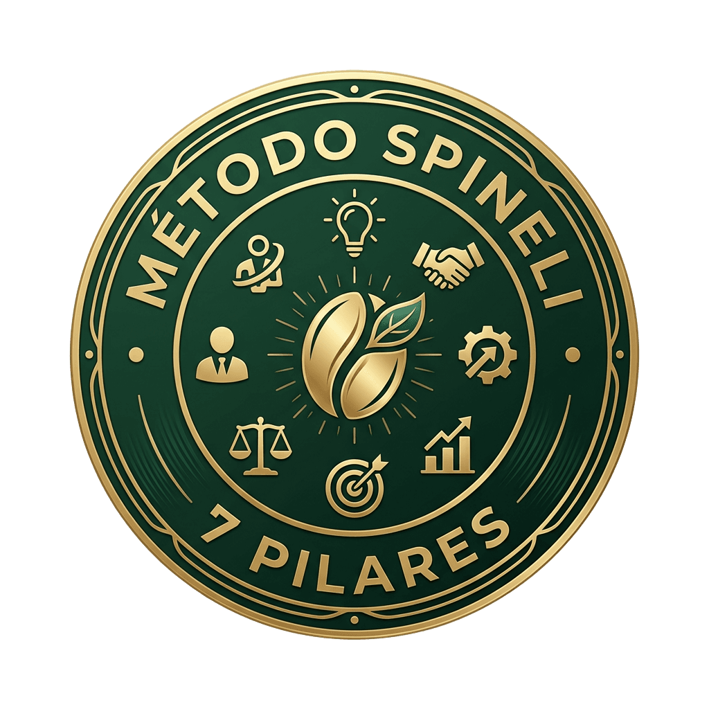 Selo do Método Spineli, aplicado aos cafés que atravessam as sete etapas da fazenda.