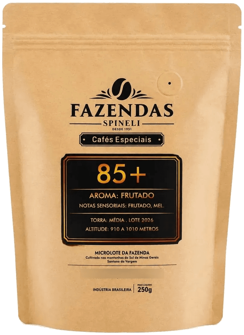 Pacote de Café Especial Arábica 85+ Microlote Frutado 250 g, em papel kraft com a tabela sensorial impressa